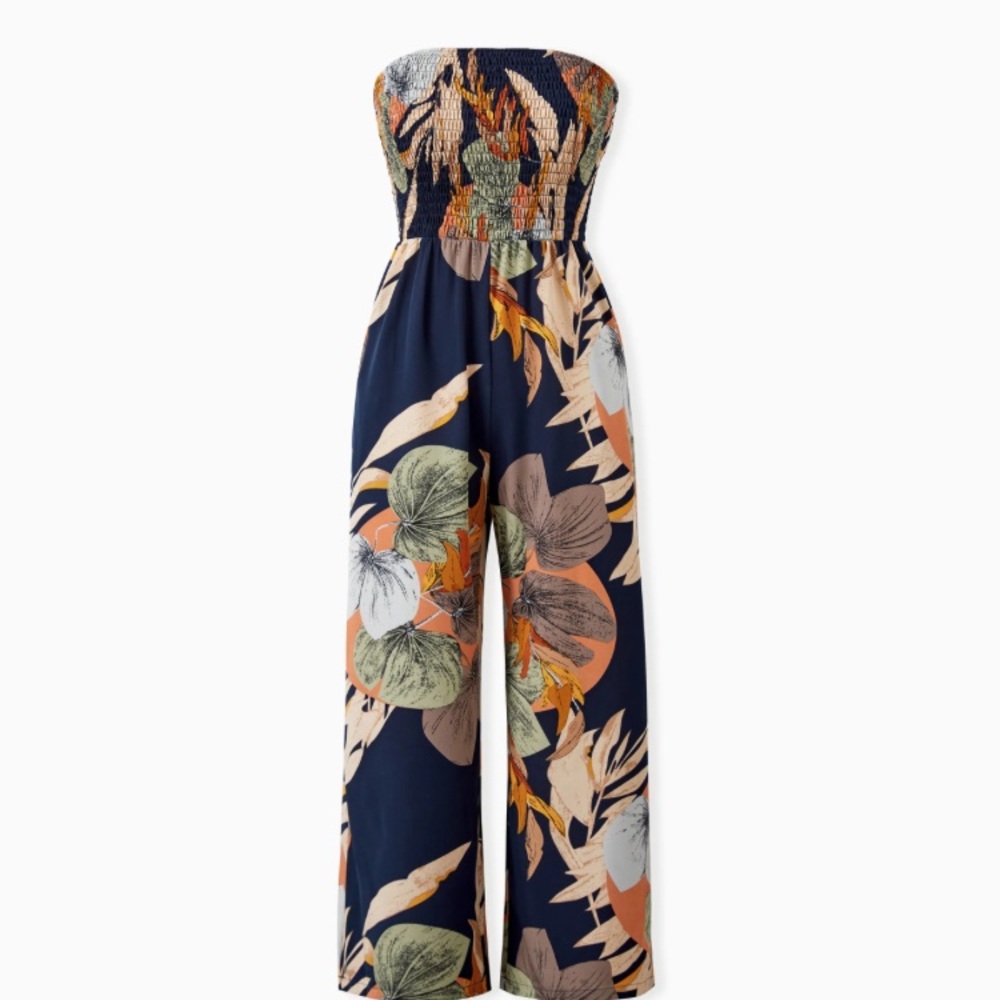 Tropical Floral Print Smocked Top Strap Wide-Leg Jumpsuits